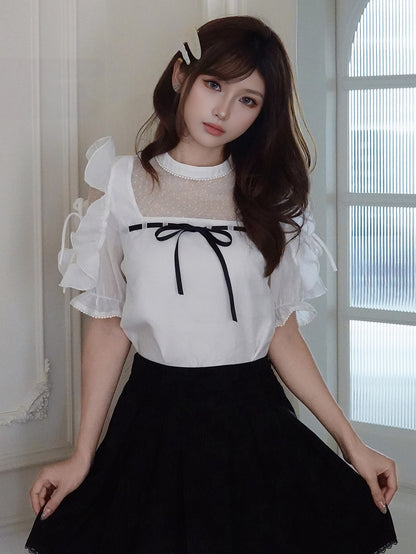 Plus Size White Seiso-kei Cutout Shoulder Blouse with Tulle Panel and Ruffle Accents - Smyster