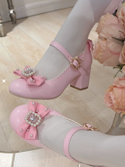 ジェーンズ ボウノット ラインストーン装飾 ラウンド メアリー ロリータ ディテール ビーズトゥ ピンク