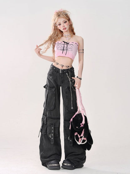 Bow Tie Top Print Bunny Tube Crop Pink - in Gyaru Front with Style