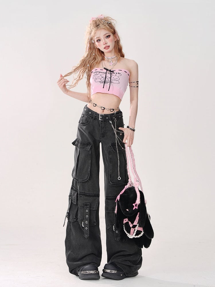 Print Pink Tube Top Gyaru Bow in Tie Bunny Style Front with Crop -