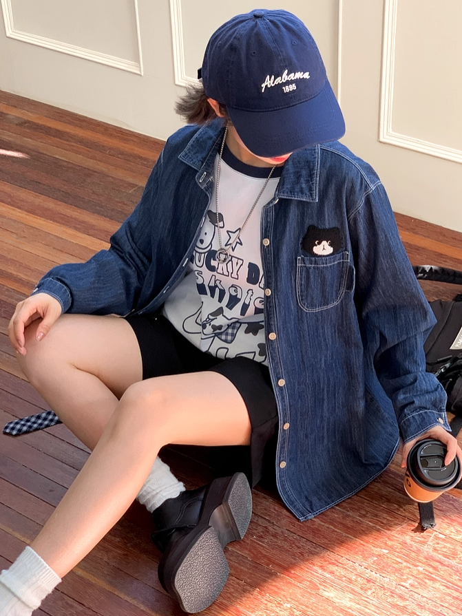 Kitty Dark Blue Faded Wash Denim Shirt Cute Embroidery