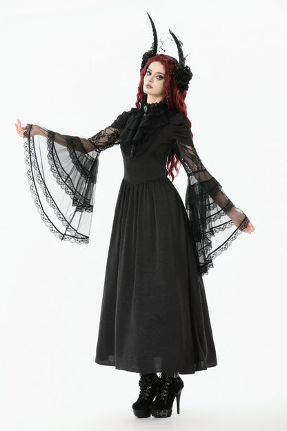 Black Stand Collar Trumpet Sleeve Lace Wedding Gothic Dress