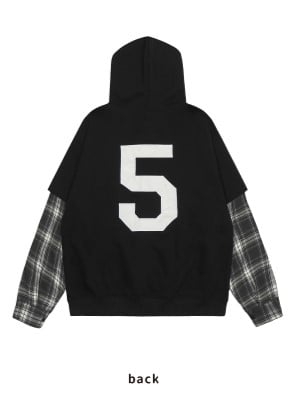 Plaid Patchwork Hoodie Schwarz Ärmel Weiß
