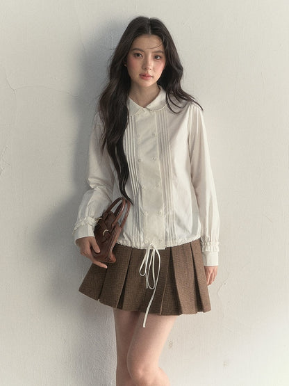 Drawstring White Vintage Shirt Double-breasted