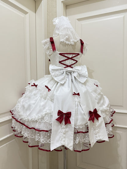 White Princess Lace Bow Doll-Style Sweet JSK Details Red with Lolita Dress