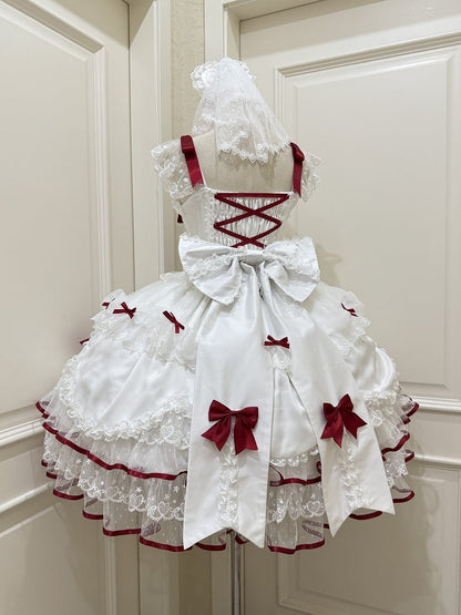 with Heart Sweet JSK / + Big Set Full Doll-Style Lace White Veil Details Red Dress Train Princess Bow Lolita