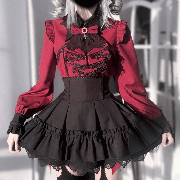 Lace Kei Jirai with Edging Black Skirt Waist Cross High