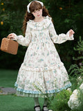 Bird Belt Sleeves Lolita Kei Dress Print and Floral Natural with Waist Long