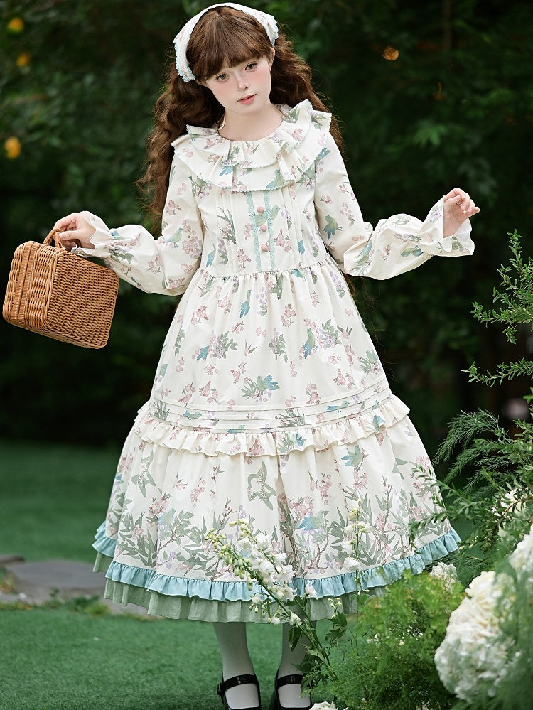 Bird Belt Sleeves Lolita Kei Dress Print and Floral Natural with Waist Long