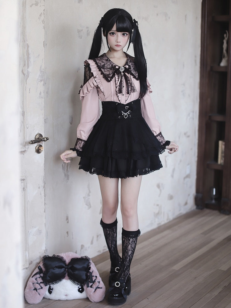 Black Shoulder Kei Pink with Collar Lace Cutouts Pointed Blouse Jirai Gothic
