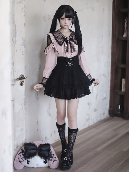 Black Shoulder Kei Pink with Collar Lace Cutouts Pointed Blouse Jirai Gothic