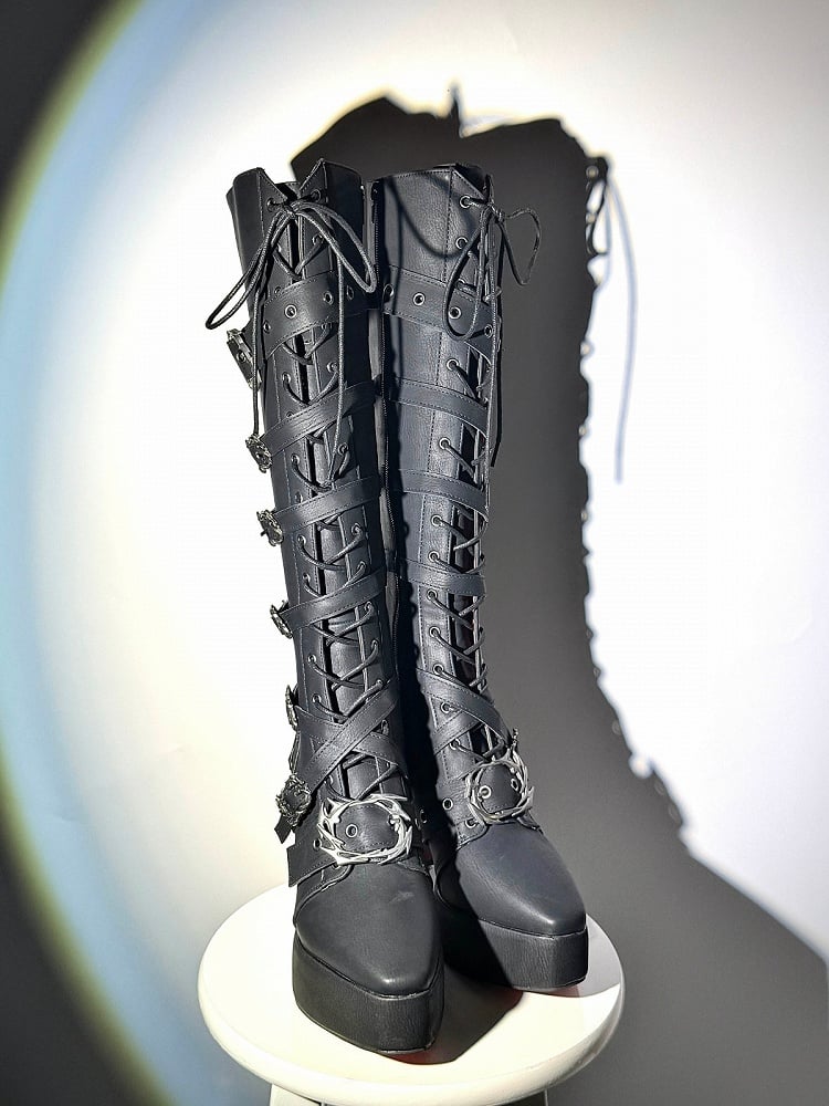Matte Black Buckle-Strap Gothic Knight Boots with 11CM Stiletto Heel - sphenoid