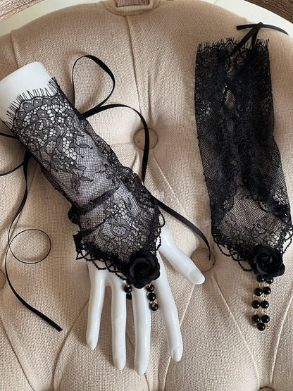 with Flower Black/Apricot/White Lace Wrist Gothic Bead Cuffs and