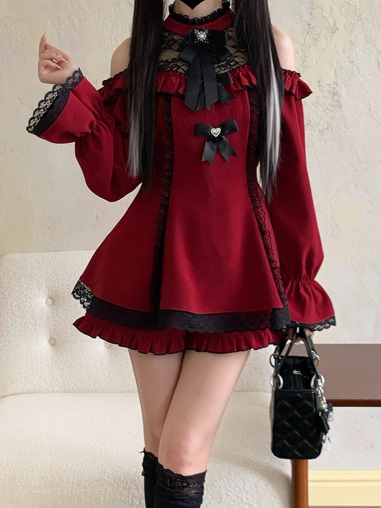 ヘムジライケイ ブラックセット ショートパンツ ミニネックライン カットアウトショルダー イリュージョンスカート ドレス レッド フリル