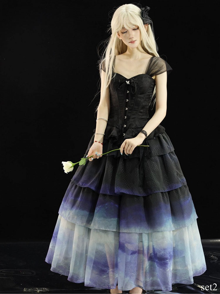 Black Top with Floral-Embellished Off-Shoulder Gradient Skirt Tiered Corset