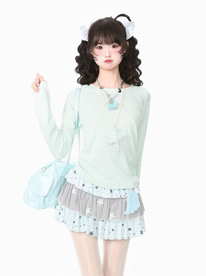 Blue & Apricot Striped Round Neck Long Sleeve Layering Top - Languid Park