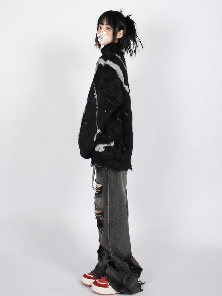 Vintage Dark Aesthetic Turtle Neck Sweater with Lace-Up Design