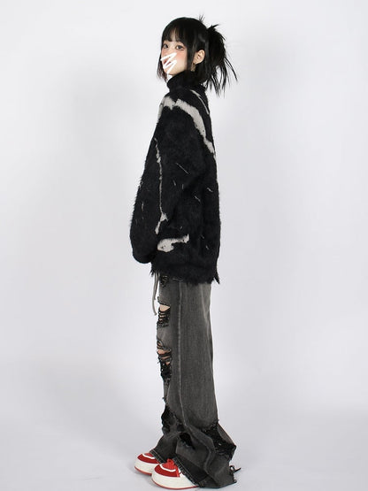 Vintage Dark Aesthetic Turtle Neck Sweater with Lace-Up Design