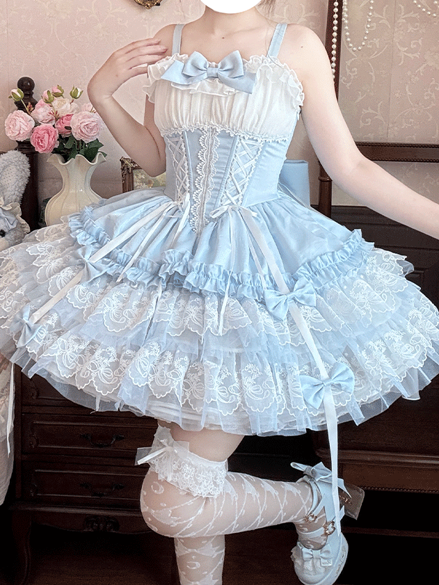 Layered Big Balletcore Lace-up Boned Waist Sweet Lolita Jumper Train Bow Skirt Blue White with Hem Lace and