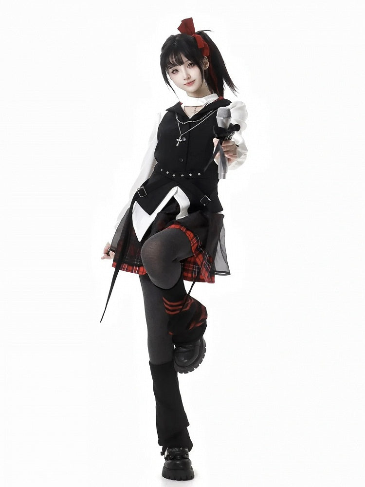 バックル付きスカート メッシュオーバーレイ レッドチェック柄ベルト ヘキサグラム刺繍アイドル