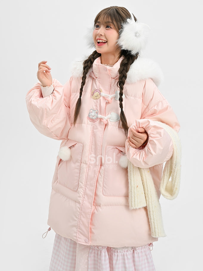 Rosa Daunenmantel mit Kapuze und Plüschbesatz mit süßem Bären und Kätzchen