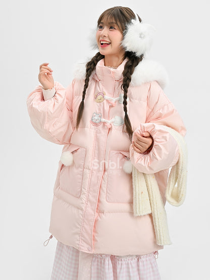 Rosa Daunenmantel mit Kapuze und Plüschbesatz mit süßem Bären und Kätzchen