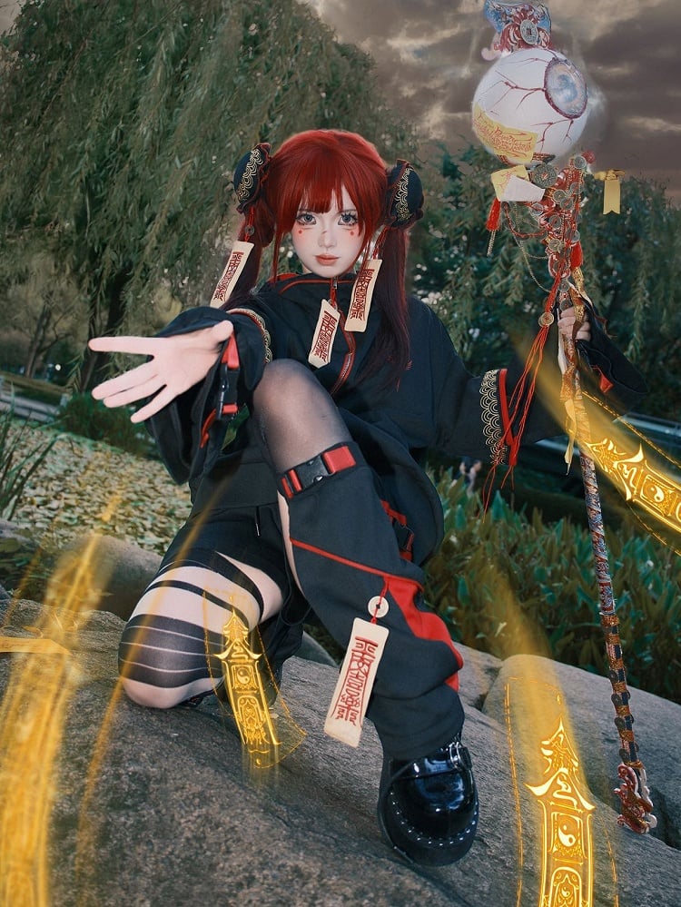 Red & Black Leg Warmers with Embroidered Talisman and Copper Coin