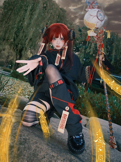 Red & Black Leg Warmers with Embroidered Talisman and Copper Coin