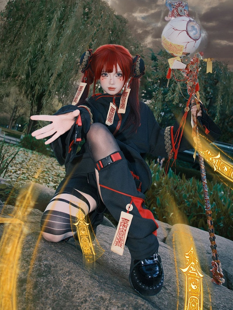 Red Goth Techwear × Little Zombie Hooded Jacket Cheongsam Outfit: Black