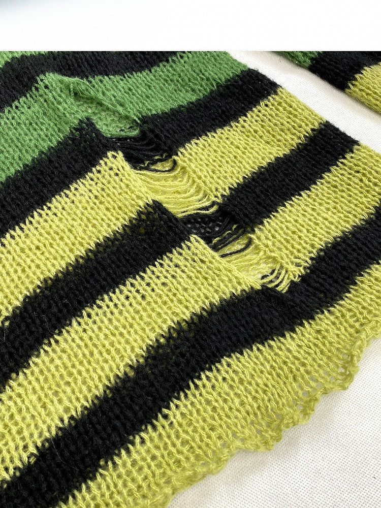 Muster Y2K Grün Cut-out Ausschnitt Details Asymmetrischer Pullover Gestreift