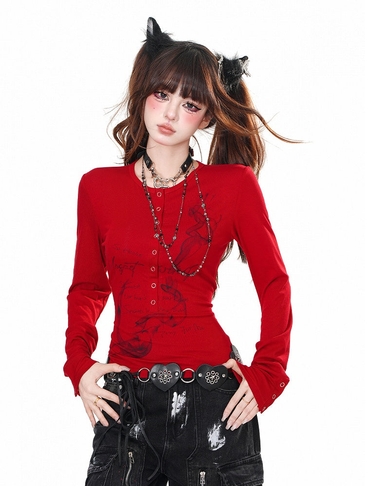 Rot/Schwarzes, schmal geschnittenes Bittersweet-Top mit Rundhalsausschnitt