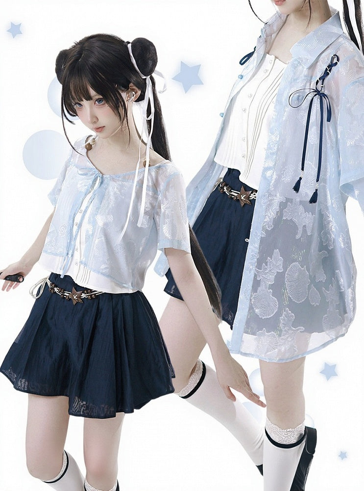 Dark Blue Mini Skort with Rope Belt - PINK SAVIOR
