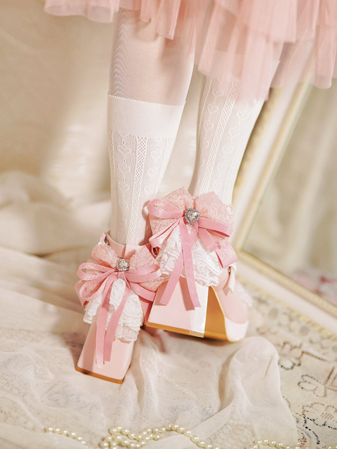 Rosa High Trim Lace Heels Herz Top Schleife an Block Schnallen geknotet