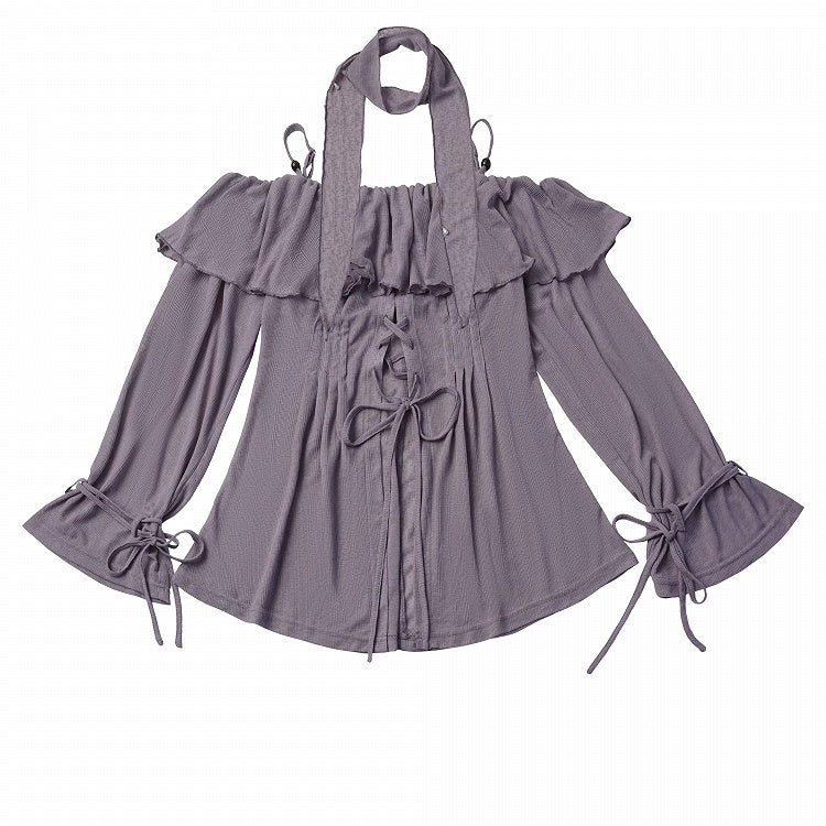 Ruffled Off-Shoulder Knit Top with Neck Scarf in Purple - PINK SAVIOR