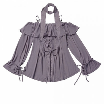 Ruffled Off-Shoulder Knit Top with Neck Scarf in Purple - PINK SAVIOR