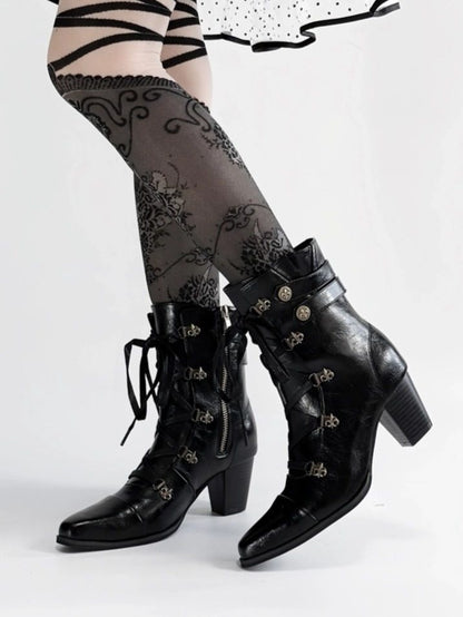 Fastening Black Boots Toe Zip in Lace Steampunk with Hybrid Mid-heel Pointed Design PU