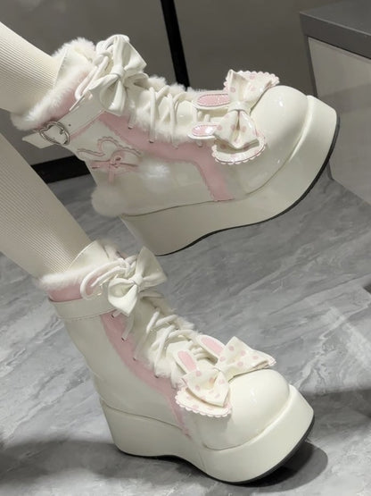 Theme Heart White Lining Buckle Bunny - Ankle Plush Boots Lolita Platform with Sweet