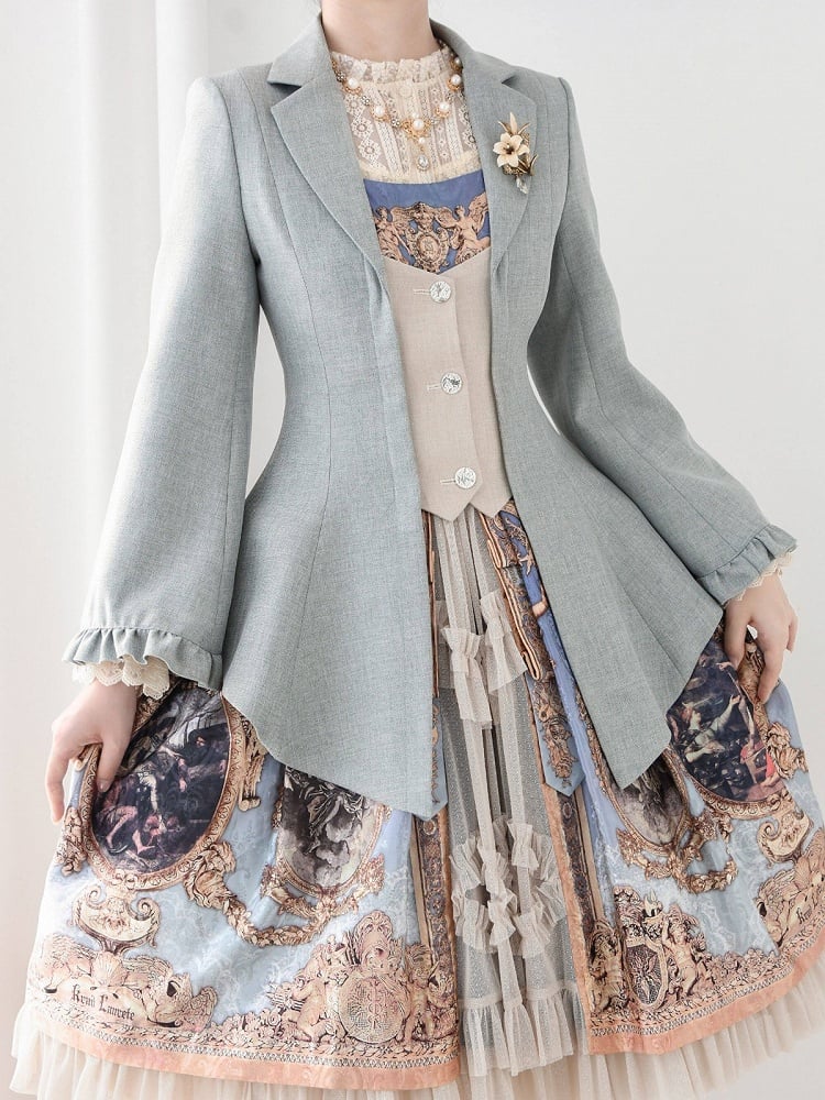 Elegant Blue and Beige Single-Breasted Jacket with Lacing Detail