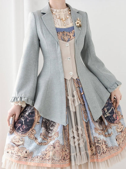 Elegant Blue and Beige Single-Breasted Jacket with Lacing Detail