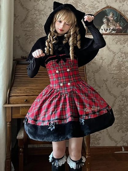 Weihnachten Rote Katzenohren Plüsch Saum Plaid Kleid Lolita Pullover Rock