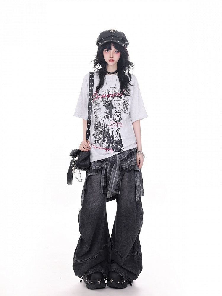Light Gray Crew Neck Short Sleeve T-Shirt with Gothic Print - KNOW8 Online Shop