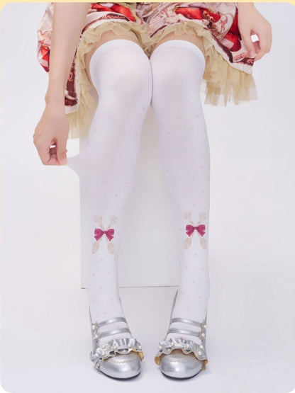 White Polka-dot Spoon and Bow Pattern  Over Knee Stockings