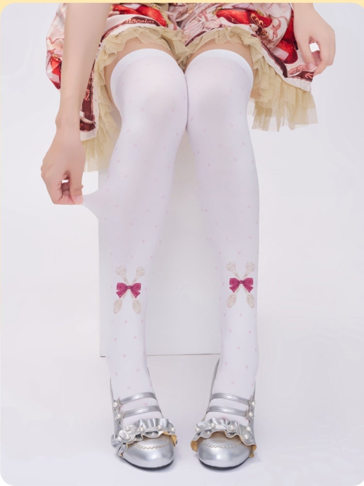 White Polka-dot Spoon and Bow Print Over Knee Stockings