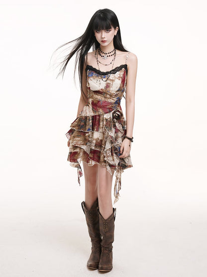 Gothic Cascading Multicolor Asymmetric Waist with Slip Ruffles Rose Hem Dress