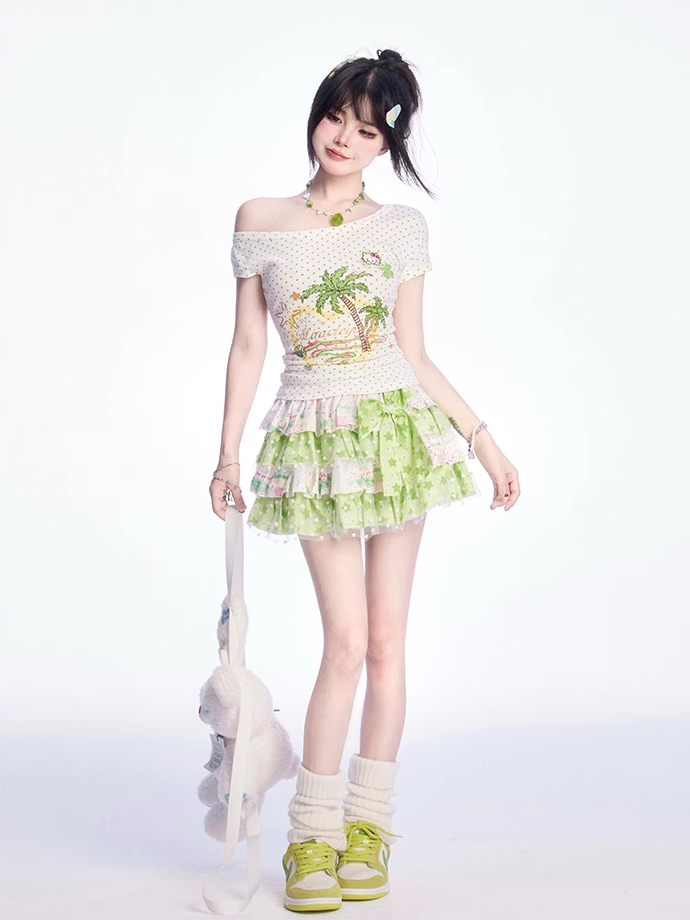 Y2K Grüner Stufenrock mit großer Schleife und elastischer Taille