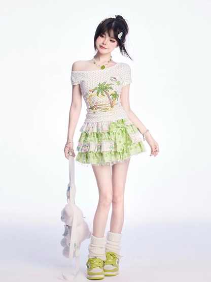 Y2K Grüner Stufenrock mit großer Schleife und elastischer Taille