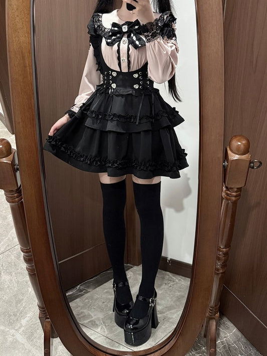 Sweet & Edgy Jirai Kei Coord Set: Pink Heart Rhinestone Blouse & Black Tiered Susender Skirt
