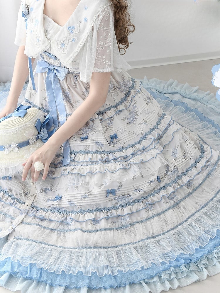 Floral Layered Ruffles Long Elegant Lolita White Version Print Dress Blue Classic