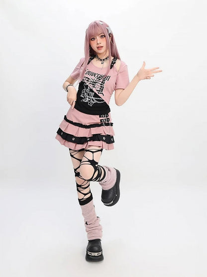 バタフライプリントTシャツ ショートカラーブロック カットアウトショルダーバージョン レッド/ピンク/パープル Y2K