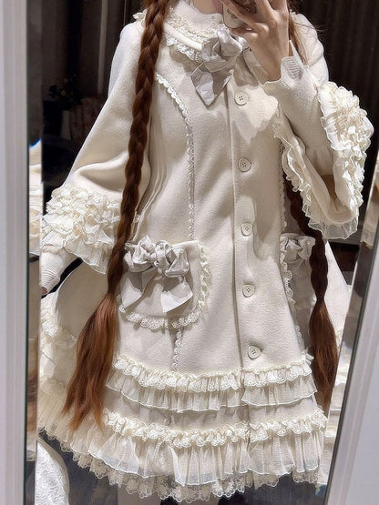Ruffled Accents Lace Bow Details Sweet and Winter Lolita Coat Beige with